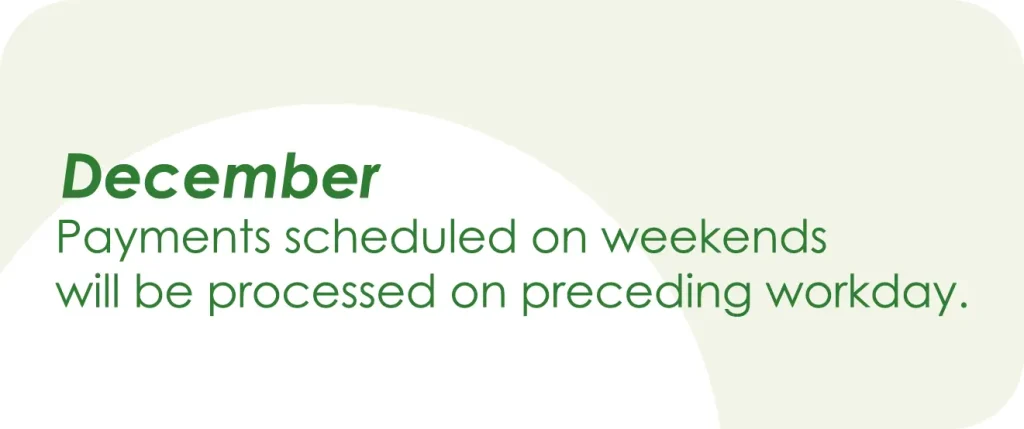 december weekend payments will be processed on upcoming upcoming workdays